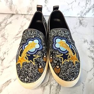 Coach Slip On Sneaker With Shooting Star Patches and silver glitter. Size 7.5